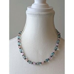 Artisan Glass Beaded Collar Necklace Pastel Blue Pink Romantic Artsy Boho 18"